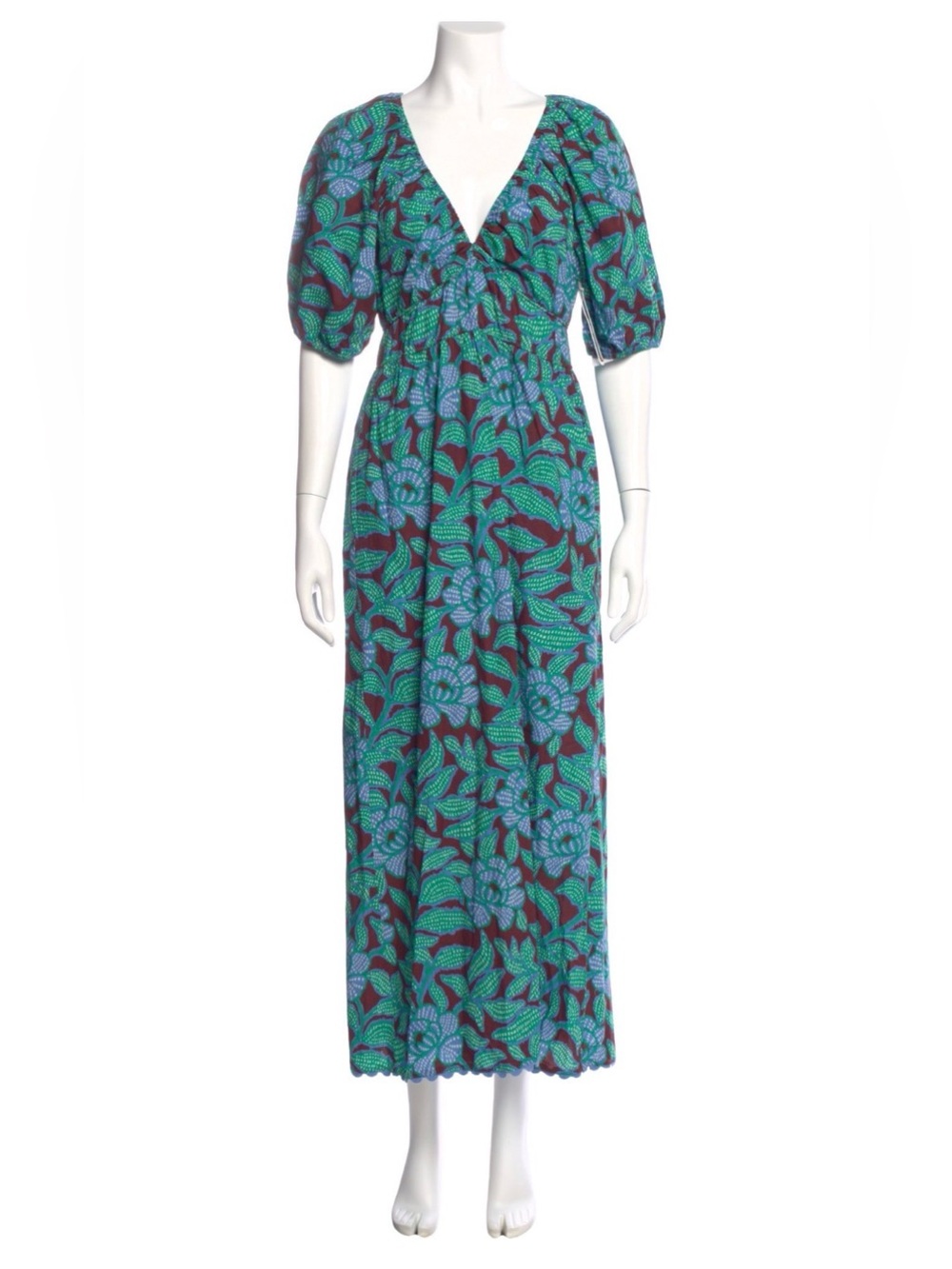 SAYLOR Lincoln Dress Paradise Print Floral V-Neck Puff Sleeve Maxi Green Blue M